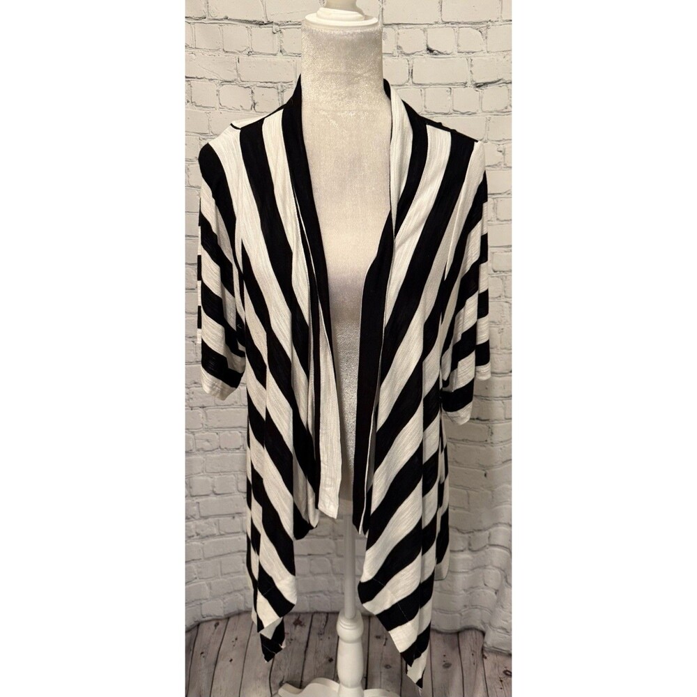 Chico’s Cardigan Lightweight Knit Black & white Stripe 3/4 Sleeve High low 3 XL